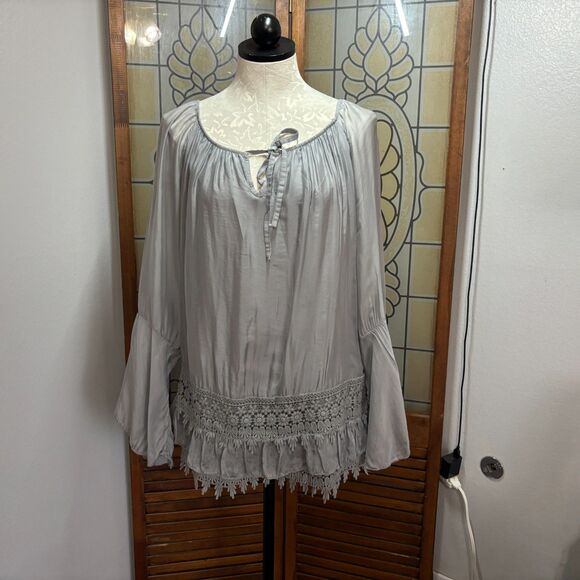 Le Marais Gray Silk Peasant Goth Grunge Boho Blouse Lined Long Sleeve Size S - Picture 1 of 16